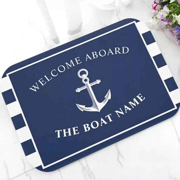 Doormat 3D Printing Chic Nautical Anchor Boat Navy Blue Stripes Personalised Doormat Modern Custom Your Boat Name Rubber Door Mat Rug Carpet Decor-17x30 Inch