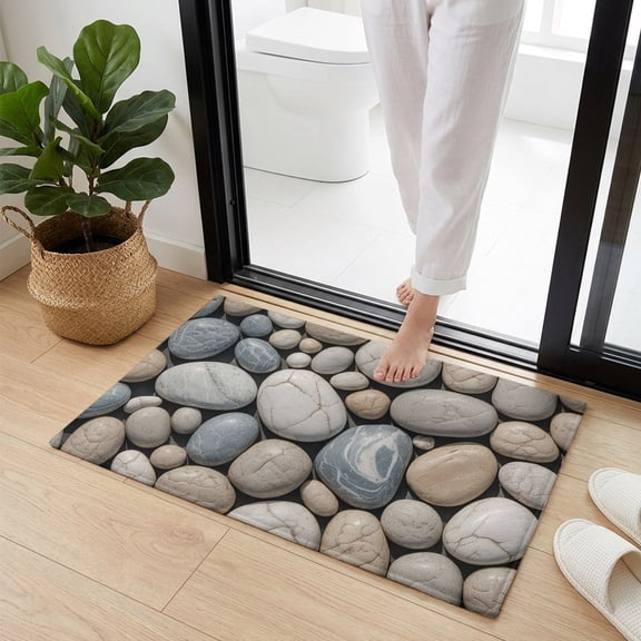Doormat Bathroom Rugs 16x24in, Abstract Natural Grey Cobblestone Non Slip Door Mat Soft Absorbent Bath Mat, Modern Grey Pebble Stone Entry Mat Indoor Doormats for Bathroom Bedroom Living Room