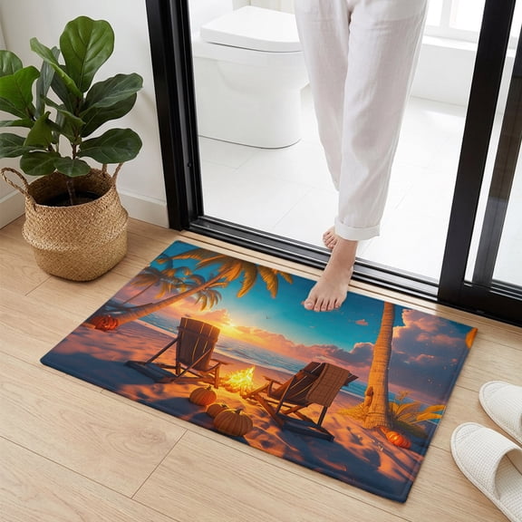 Doormat Bathroom Rugs 16x24in, Autumn Beach Campfire Pumpkin Non Slip Door Mat Soft Absorbent Bath Mat, Fall Sunset Seaside Theme Entry Mat Indoor Doormats for Bathroom Bedroom Living Room
