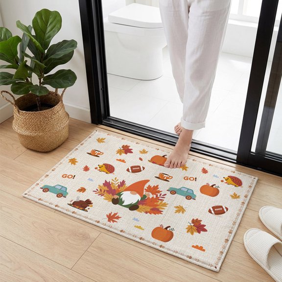 Doormat Bathroom Rugs 16x24in, Autumn Gnome Maple Leaf on Linen Non Slip Door Mat Soft Absorbent Bath Mat, Thanksgiving Cartoon Theme Entry Mat Indoor Doormats for Bathroom Bedroom Living Room