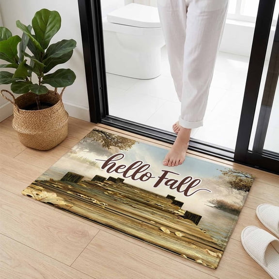 Doormat Bathroom Rugs 16x24in, Autumn Maple Leaf Retro Plank Non Slip Door Mat Soft Absorbent Bath Mat, Watercolor Lake Vintage Bridge Entry Mat Indoor Doormats for Bathroom Bedroom Living Room
