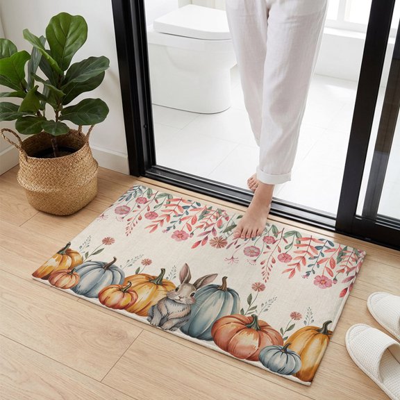 Doormat Bathroom Rugs 16x24in, Autumn Pumpkin Cute Rabbit Non Slip Door Mat Soft Absorbent Bath Mat, Retro Wild Flowers on Linen Entry Mat Indoor Doormats for Bathroom Bedroom Living Room