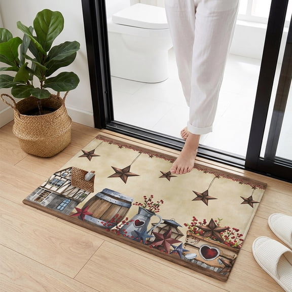 Doormat Bathroom Rugs 16x24in, Country Star Farm House Barrel Non Slip Door Mat Soft Absorbent Bath Mat, Berry Retro Wooden Entry Mat Indoor Doormats for Bathroom Bedroom Living Room
