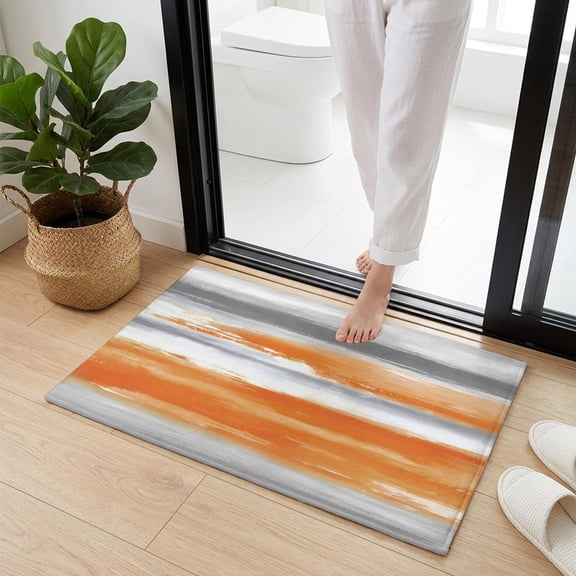 Doormat Bathroom Rugs 16x24in, Modern Abstract Canvas Art Non Slip Door Mat Soft Absorbent Bath Mat, Orange Gray Striped Entry Mat Indoor Doormats for Bathroom Bedroom Living Room