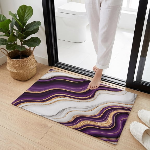 Doormat Bathroom Rugs 16x24in, Purple Marble Gold Inlay Non Slip Door Mat Soft Absorbent Bath Mat, Abstract Geometric Stripes Entry Mat Indoor Doormats for Bathroom Bedroom Living Room