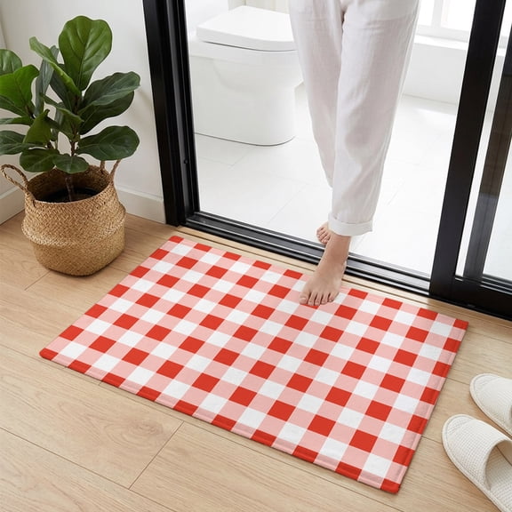 Doormat Bathroom Rugs 16x24in, Red Gingham Check Non Slip Door Mat Soft Absorbent Bath Mat, Gradient Buffalo Plaid Entry Mat Indoor Doormats for Bathroom Bedroom Living Room