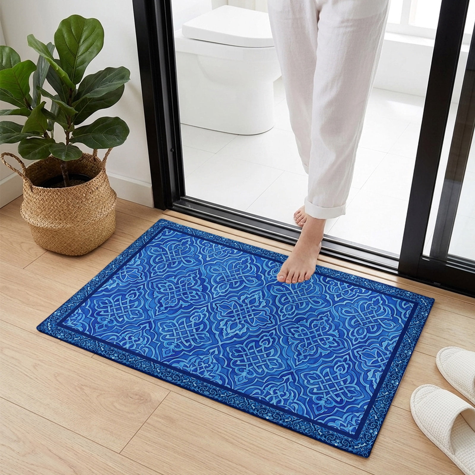 Doormat Bathroom Rugs 16x24in, Retro Bohemian Geometric Blue Non Slip ...