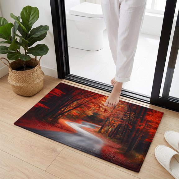 Doormat Bathroom Rugs 16x24in, Rustic Maple Leaf Tree Road Non Slip Door Mat Soft Absorbent Bath Mat, Watercolor Autumn Leaves Entry Mat Indoor Doormats for Bathroom Bedroom Living Room