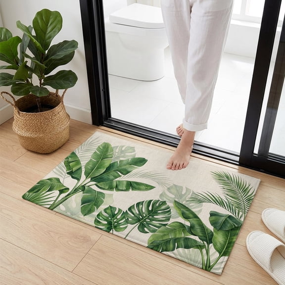 Doormat Bathroom Rugs 16x24in, Rustic Monstera Palm Leaf Non Slip Door Mat Soft Absorbent Bath Mat, Summer Tropical Leaves Retro Linen Entry Mat Indoor Doormats for Bathroom Bedroom Living Room
