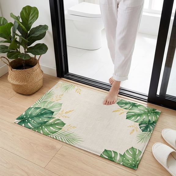 Doormat Bathroom Rugs 16x24in, Summer Green Palm Leaf Non Slip Door Mat Soft Absorbent Bath Mat, Tropical Monstera Retro Linen Entry Mat Indoor Doormats for Bathroom Bedroom Living Room
