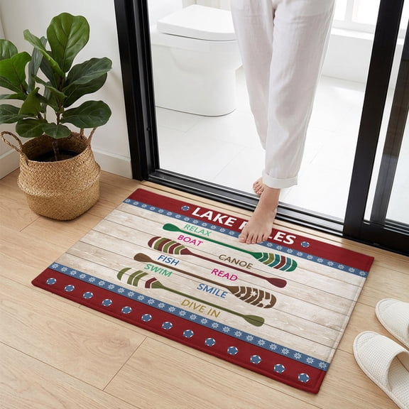 Doormat Bathroom Rugs 16x24in, Summer Lake Rules Paddle Non Slip Door Mat Soft Absorbent Bath Mat, Farm Wood Grain Red Maroon Entry Mat Indoor Doormats for Bathroom Bedroom Living Room
