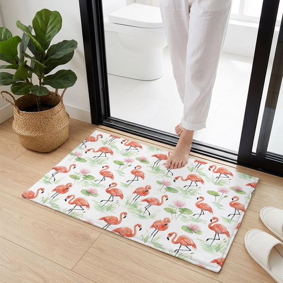 Doormat Bathroom Rugs 16x24in, Summer Pink Flamingos Lotus Non Slip Door Mat Soft Absorbent Bath Mat, Tropical Animal Plant Entry Mat Indoor Doormats for Bathroom Bedroom Living Room