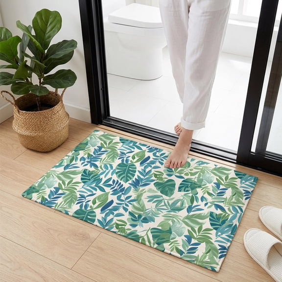 Doormat Bathroom Rugs 16x24in, Teal Green Palm Leaves Non Slip Door Mat Soft Absorbent Bath Mat, Summer Tropical Plants Entry Mat Indoor Doormats for Bathroom Bedroom Living Room