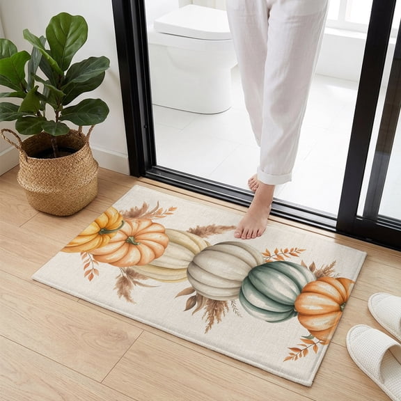 Doormat Bathroom Rugs 16x24in, Thanksgiving Pumpkin Autumn Reed Non Slip Door Mat Soft Absorbent Bath Mat, Fall Leaves Retro Linen Entry Mat Indoor Doormats for Bathroom Bedroom Living Room