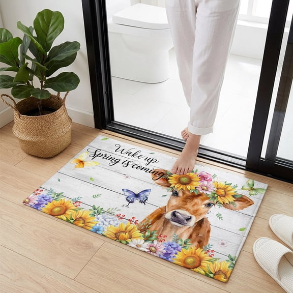 Doormat Bathroom Rugs 16x24in, Wake up Spring Is Coming Non Slip Door Mat Soft Absorbent Bath Mat, Farm Sunflowers Cow Butterfly Entry Mat Indoor Doormats for Bathroom Bedroom Living Room