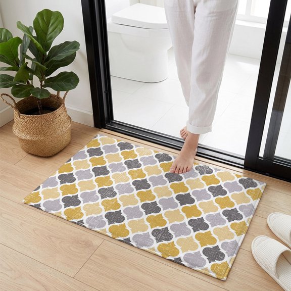 Doormat Bathroom Rugs 16x24in, Yellow Grey Retro Moroccan Pattern Non Slip Door Mat Soft Absorbent Bath Mat, Abstract Geometric Art Entry Mat Indoor Doormats for Bathroom Bedroom Living Room