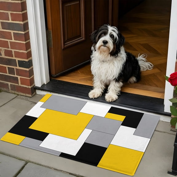 Doormat Bathroom Rugs 24x35in, Abstract Blocks Art Paint Plaid Non Slip Door Mat Soft Absorbent Bath Mat, Yellow Grey White Black Grid Entry Mat Indoor Doormats for Bathroom Bedroom Living Room
