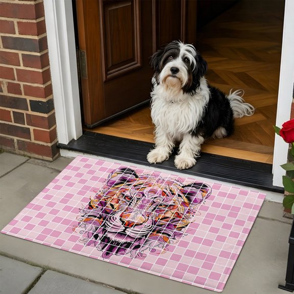 Doormat Bathroom Rugs 24x35in, Abstract Wild Tiger Head Geometric Art Non Slip Door Mat Soft Absorbent Bath Mat, Pink Buffalo Checker Entry Mat Indoor Doormats for Bathroom Bedroom Living Room