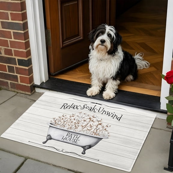 Doormat Bathroom Rugs 24x35in, Bathtub Cotton on Wood Grain Non Slip Door Mat Soft Absorbent Bath Mat, Relax Soak Unwind Quote Entry Mat Indoor Doormats for Bathroom Bedroom Living Room