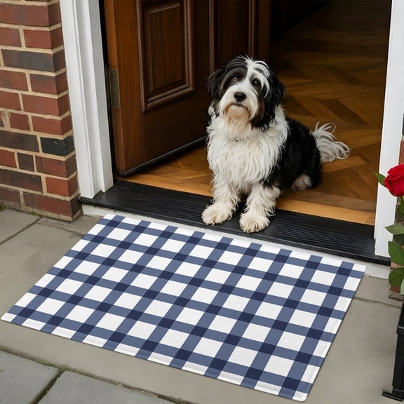 Doormat Bathroom Rugs 24x35in, Blue Gingham Check Farm Style Non Slip Door Mat Soft Absorbent Bath Mat, White Check Plaid Entry Mat Indoor Doormats for Bathroom Bedroom Living Room