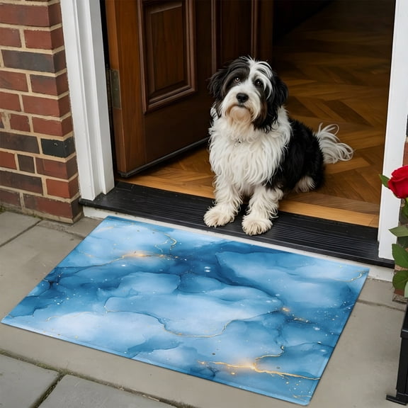 Doormat Bathroom Rugs 24x35in, Blue Gradient Abstract Marble Non Slip Door Mat Soft Absorbent Bath Mat, Ink Ombre Gold Foil Entry Mat Indoor Doormats for Bathroom Bedroom Living Room