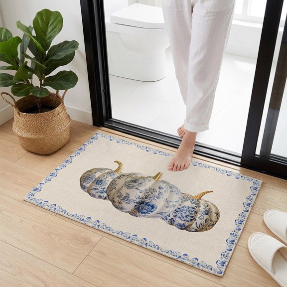 Doormat Bathroom Rugs 24x35in, Blue White Porcelain Texture Pumpkin Non Slip Door Mat Soft Absorbent Bath Mat, Flower Leaves on Farm Burlap Entry Mat Indoor Doormats for Bathroom Bedroom Living Room