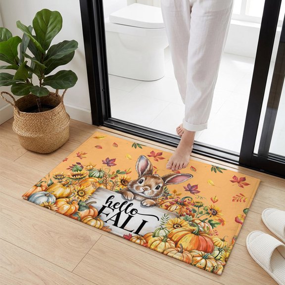 Doormat Bathroom Rugs 24x35in, Fall Rabbit Thanksgiving Pumpkin Non Slip Door Mat Soft Absorbent Bath Mat, Orange Maple Leaf Entry Mat Indoor Doormats for Bathroom Bedroom Living Room