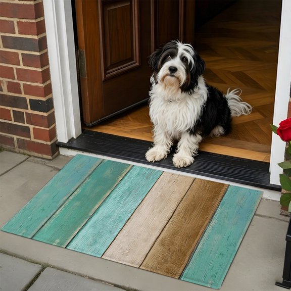 Doormat Bathroom Rugs 24x35in, Farm Teal Gradient Wood Board Non Slip Door Mat Soft Absorbent Bath Mat, Brown Plank Entry Mat Indoor Doormats for Bathroom Bedroom Living Room