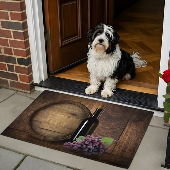 Doormat Bathroom Rugs 24x35in, Farm Wine Glass Grapes Fruit Vintage Wooden Barrel Non Slip Door Mat Soft Absorbent Bath Mat, Retro Brown Plank Entry Mat Indoor Doormats for Bathroom Bedroom