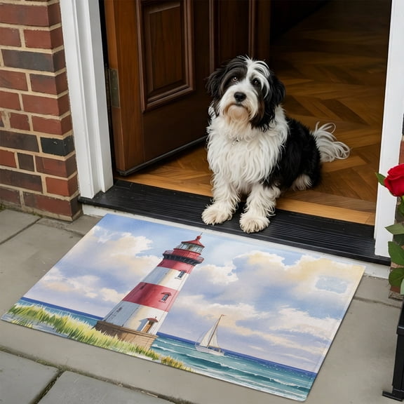 Doormat Bathroom Rugs 24x35in, Lighthouse Beach Beach Sea Island Non Slip Door Mat Soft Absorbent Bath Mat, Vintage Oil Painting Art Entry Mat Indoor Doormats for Bathroom Bedroom Living Room