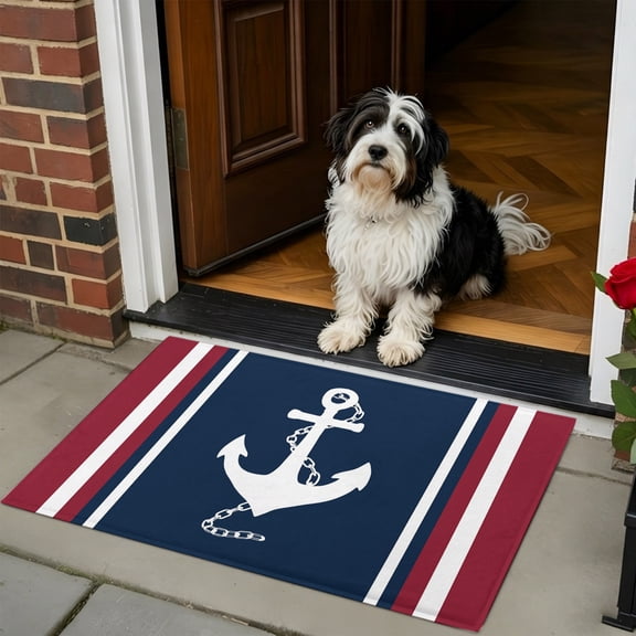 Doormat Bathroom Rugs 24x35in, Nautical Anchor Navy Blue Non Slip Door Mat Soft Absorbent Bath Mat, Burgundy Red Stripe Entry Mat Indoor Doormats for Bathroom Bedroom Living Room