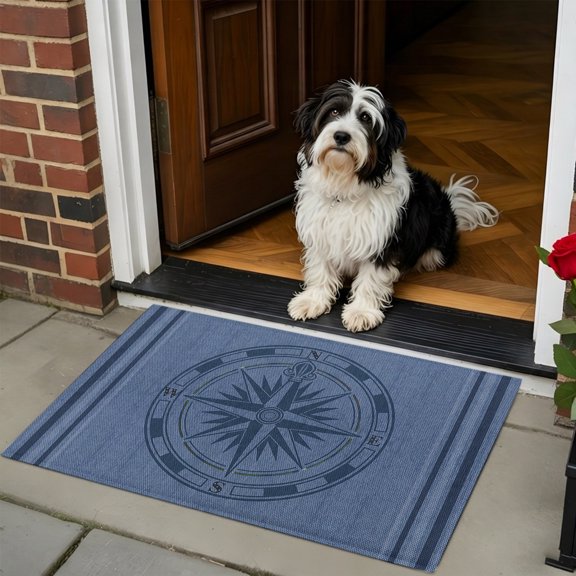 Doormat Bathroom Rugs 24x35in, Nautical Marine Compass Texture Non Slip Door Mat Soft Absorbent Bath Mat, Stripe Line on Jean Blue Entry Mat Indoor Doormats for Bathroom Bedroom Living Room