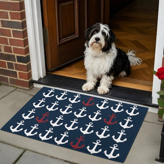 Doormat Bathroom Rugs 24x35in, Ocean Nautical White and Red Ship's Anchor Non Slip Door Mat Soft Absorbent Bath Mat, Dark Blue Entry Mat Indoor Doormats for Bathroom Bedroom Living Room