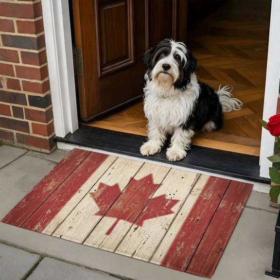 Doormat Bathroom Rugs 24x35in, Retro Wooden Stripes Maple Leafs Non Slip Door Mat Soft Absorbent Bath Mat, Country Red Brown Plank Entry Mat Indoor Doormats for Bathroom Bedroom Living Room