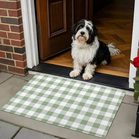 Doormat Bathroom Rugs 24x35in, Sage Green Buffalo Plaid Non Slip Door Mat Soft Absorbent Bath Mat, Country Gingham Check Entry Mat Indoor Doormats for Bathroom Bedroom Living Room