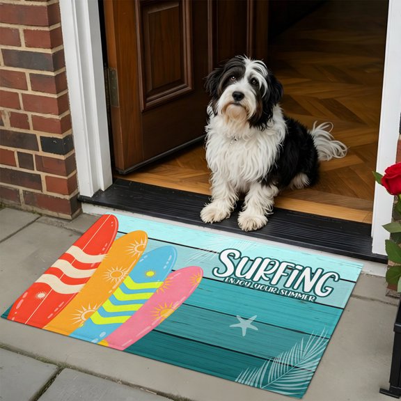 Doormat Bathroom Rugs 24x35in, Summer Beach Surfboard Non Slip Door Mat Soft Absorbent Bath Mat, Teal Gradient Wood Board Entry Mat Indoor Doormats for Bathroom Bedroom Living Room