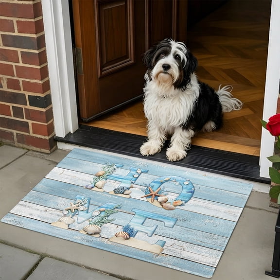 Doormat Bathroom Rugs 24x35in, Summer Ocean Beach Shell Home Quote Non Slip Door Mat Soft Absorbent Bath Mat, Farm Blue Wood Board Entry Mat Indoor Doormats for Bathroom Bedroom Living Room