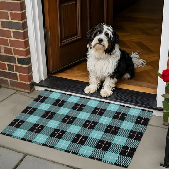 Doormat Bathroom Rugs 24x35in, Tartan Plaid Buffalo Grid Pattern Non Slip Door Mat Soft Absorbent Bath Mat, Teal and Black Entry Mat Indoor Doormats for Bathroom Bedroom Living Room