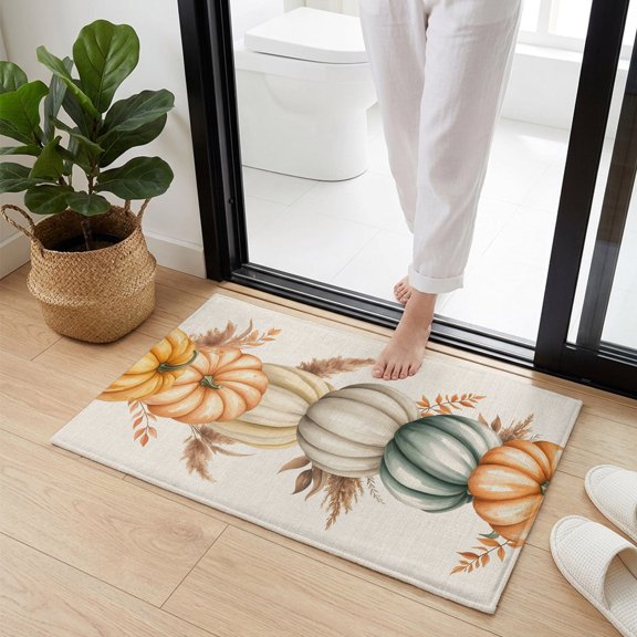 Doormat Bathroom Rugs 24x35in, Thanksgiving Pumpkin Autumn Reed Non Slip Door Mat Soft Absorbent Bath Mat, Fall Leaves Retro Linen Entry Mat Indoor Doormats for Bathroom Bedroom Living Room