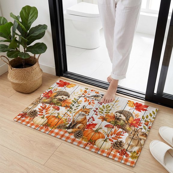 Doormat Bathroom Rugs 24x35in, Thanksgiving Red Fox Rabbit Hedgehog Non Slip Door Mat Soft Absorbent Bath Mat, Maple Leaves Entry Mat Indoor Doormats for Bathroom Bedroom Living Room