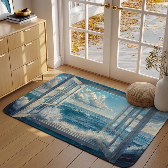 Doormat Beach Waves Front Door Mat Entrance Soft Non Slip Absorbent Doormats Blue Sky Cloud Window Welcome Floor Mat Rugs for Entryway Porch Bathroom Bedroom Kitchen Indoor Outdoor 16"x24"