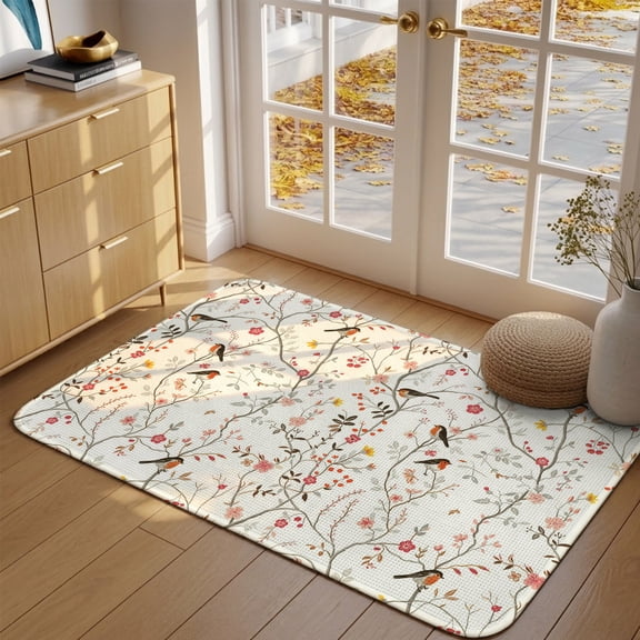 Doormat Bird Tree Branch Front Door Mat Entrance Soft Non Slip Absorbent Doormats Pink Floral Leaves Welcome Floor Mat Rugs for Entryway Porch Bathroom Bedroom Kitchen Indoor Outdoor 16"x24"