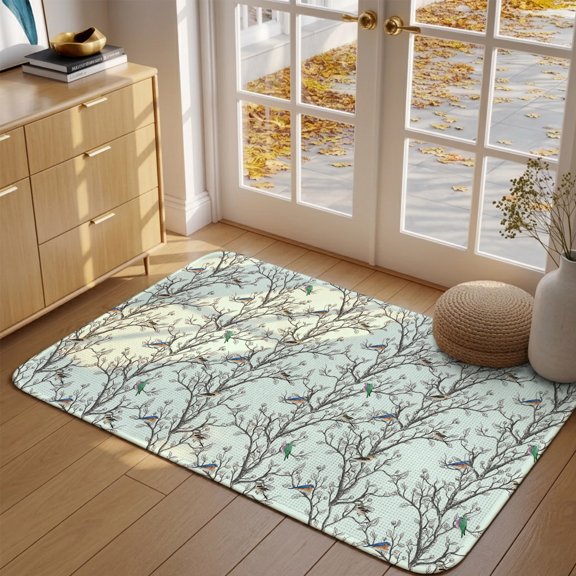 Doormat Bird Tree Branches Front Door Mat Entrance Soft Non Slip Absorbent Doormats Blue Retro Leaves Welcome Floor Mat Rugs for Entryway Porch Bathroom Bedroom Kitchen Indoor Outdoor 16"x24"