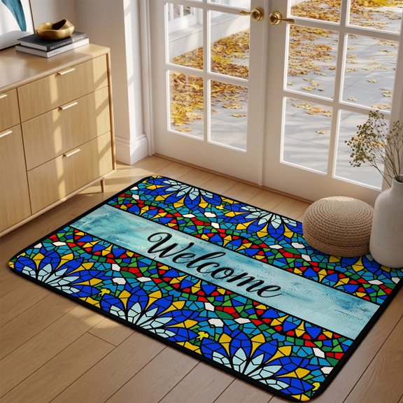 Doormat Blue Luxury Window Glasses Front Door Mat Entrance Soft Non Slip Absorbent Doormats Colorful Flower Welcome Floor Mat Rugs for Entryway Porch Bathroom Bedroom Kitchen Indoor Outdoor 16"x24"
