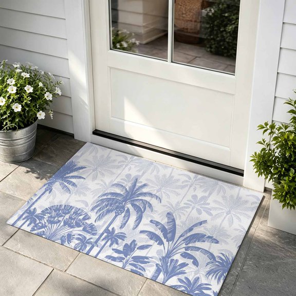 Doormat Blue Tortoise Palm Tree Front Door Mat Non Slip Absorbent Low Profile Floor Mat Tropical Plants Welcome Mats Entryway Rug for Entrance Kitchen Porch Indoor Outdoor Home Decor 24"x36"