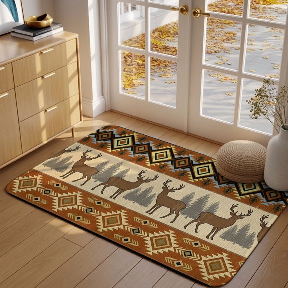 Doormat Brown Deer Pine Tree Front Door Mat Entrance Soft Non Slip Absorbent Doormats Bohemian Tribal Geome Welcome Floor Mat Rugs for Entryway Porch Bathroom Bedroom Kitchen Indoor Outdoor 16"x24"