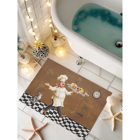 Doormat Cake Dessert Chef Front Door Mat Non Slip Absorbent Low Profile Floor Mat Cat Brown Black Check Plaid Welcome Mats Entryway Rug for Entrance Kitchen Porch Indoor Outdoor Home Decor 16"x24"
