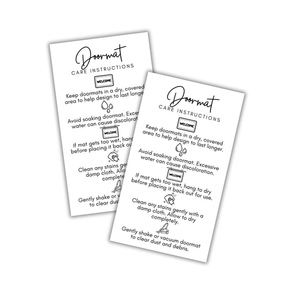Doormat Care Instruction Cards 50pk 2x3.5 DIY Custom Welcome Home How To Wash Stencil Monogrammed Rubber Backing Packaging