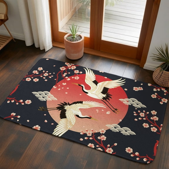 Doormat Cherry Blossom Crane Front Door Mat Entrance Soft Non Slip Absorbent Doormats Japanese Style Cloud Black Floor Mat Rugs for Entryway Porch Bathroom Bedroom Kitchen Indoor Outdoor 20"x32"