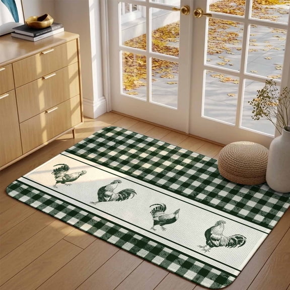 Doormat Chicken Cock Rooster Front Door Mat Entrance Soft Non Slip Absorbent Doormats Farmhouse Animal Green Buffalo Plaid Floor Mat Rugs for Entryway Porch Bathroom Bedroom Kitchen 16"x24"